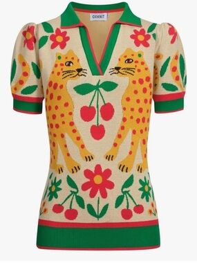 Retro Leopard Botanical Knit Polo Shirt
V-Neck XL